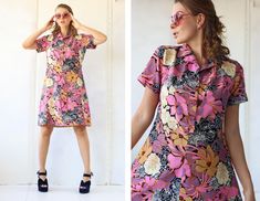 Vintage pink floral print cotton short sleeve knee length simple midi dress. Front buttons, no lining. Material feels like cotton. Fits like size S-M Measured laying flat, double for circumference: 37'' / 94 cm long 20" / 51 cm armpit to armpit 18'' / 46 cm waist 24" / 61 cm hips There are some thread pulls and wear on buttons, not very noticeable, please see pictures. Overall good vintage condition. Pink Short Sleeve Dress With Buttons, Simple Midi Dress, Rose Vintage, Pink Floral Print, Dress Clothes For Women, Favorite Things Gift, Cotton Shorts, Vintage Pink, Pink Floral