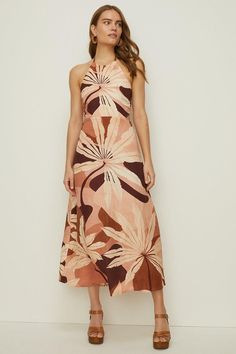 Rachel Stevens Linen Mix Palm Midi Dress Swim 2024, Conscious Clothing, Rachel Stevens, Palm Print Dress, Animal Print Outfits, Oasis Dress, Oasis Fashion, Lace Midi Dress, Spaghetti Strap Dresses