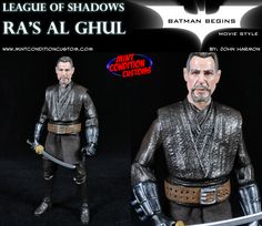 two sides of batman action figures, one in black and the other in silver with a bat's al ghul logo