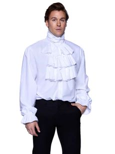 a man wearing a white shirt with ruffles on the collar and long sleeves