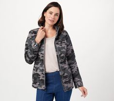 Color-changing leaves, apple picking, and pumpkin-spice everything -- prepare for fall's brisk weather (and endless outdoor activities) with this casually chic anorak jacket. From Belle by Kim Gravel. Casually Chic, Kim Gravel, Changing Leaves, Women Jacket, Apple Picking, Anorak Jacket, Black Camo, Zipper Jacket, Utility Jacket