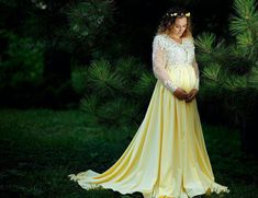 Maternity Gown, Lace Maternity Dress, Yellow Dress Beautiful floor length lace maternity dress with train is must have forM photo shoot to underline beatyness of pregnant woman. Dress can be used as baby shower dress. Yellow Maternity dress is tailored of lace and soft suiting fabric. It has 12inches long train. Lined on top, fabric on the bottom part is not transparent. Dress can be ordered as non maternity, just leave message on checkout with your order. Dress is possible in different colors. Lace Maternity Dress With Lace Bodice For Wedding, Maternity Wedding Dress With Lace Bodice, Wedding Maternity Dress With Lace Bodice, Yellow Baby Shower Dress, Wedding Dress Yellow, Yellow Maternity Dress, Pregnancy Gown, Circle Skirt Outfits, Maternity Evening Dress