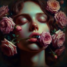 a painting of a woman with her eyes closed and pink roses in front of her face