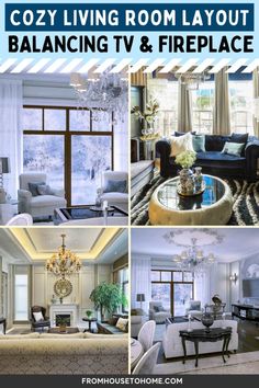 a collage of photos with the words cozy living room layout, balancing tv and fireplace