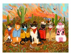 a painting of many cats wearing hats and scarves in the desert with cactus trees