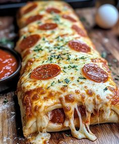 a pepperoni pizza on a wooden cutting board