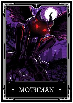 a card with an image of a demon on the front and purple background that says mothman