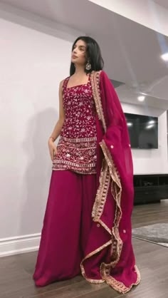 Magenta Punjabi Suit, Plazo Designs Latest Style Party Wear, Pakistani Plazo Suits, Indian Suit Aesthetic, Indian Dance Outfits, Sharara Designs Party Wear Indian Weddings, Indian Wedding Reception Outfit Guest, Neeru Bajwa Suits, Modern Punjabi Outfits