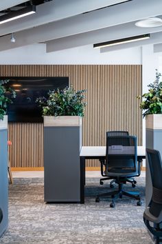 an office cubicle with plants in the middle and two desks on each side