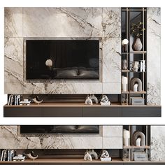 two pictures of a tv on a wall with bookshelves and vases in front of it