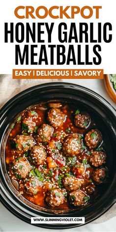 crockpot honey garlic meatballs in a slow cooker with text overlay