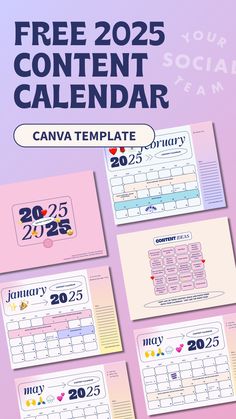 a calendar with the text free 2055 content calendar on it, and four different images