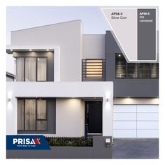 an image of a modern house with grey and white exterior paint color scheme on the front