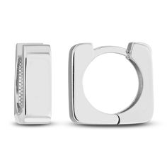 High polished square tubes are fashioned into chunky squares in these classic women's huggie earrings. Fashioned in 14K white gold, the earrings secure in place with hinged backs. Modern Square White Gold Jewelry, Luxury Silver Huggie Earrings, Modern White Gold Huggie Earrings For Formal Occasions, Silver Luxury Huggie Earrings For Everyday, Fine Jewelry Polished Finish White Gold Huggie Earrings, Fine Jewelry White Gold Huggie Earrings With Polished Finish, Modern Huggie Earrings For Anniversary With Polished Finish, White Gold Huggie Earrings With Shiny Finish, Hinged Huggie Earrings For Anniversary