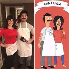 a man and woman dressed up as bob and linda from the simpsons are standing next to each other