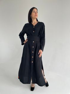 "If you are looking for trendy clothes for 40 year old woman 2024. Olivia linen maxi dress with belt is a great choice. The dress is made of soft linen. Handmade.  Our linen clothes are femininity and freedom. Designed to mesmerize and inspire. Feel the coolness and touch of the wind. Be irresistible. Loose-fitting dress. Long sleeves that keep their shape perfectly when tucked in. Wide and narrow waistband included.  This makes it possible to wear the dress in different ways. Ideal for the spring / summer / autumn season. Universal model - suitable for any event and occasion. This model will become your favorite dress. Linen clothing is comfortable in any weather, does not require ironing, dries quickly, does not cause allergies, durable, very beautiful and timeless. Care recommendations: Belted Linen Midi Dress For Daywear, Belted Midi Linen Dress For Work, Elegant Belted Linen Maxi Dress, Linen Maxi Dress With Tie Waist For Daywear, Elegant V-neck Belted Linen Dress, Chic Linen Belted Maxi Dress, Chic Belted Linen Maxi Dress, Belted Long Sleeve Linen Dress, Maxi Dress With Belt