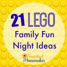 the words lego family fun night ideas are in blue and yellow circles on a yellow background