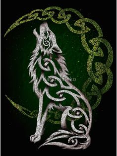 a wolf sitting on top of a green and white background with celtic symbols around it