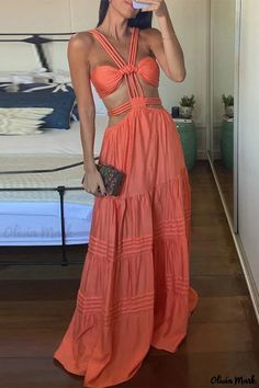 Olivia Mark - Chic Hollowed Out Backless V Neck Irregular Dresses Strapless Cutout Beach Dress, Orange One Shoulder Maxi Dress For Beach, Orange One-shoulder Beach Maxi Dress, Orange One-shoulder Maxi Dress For Beach, Vacation Maxi Dress, Sleeveless Outfit, Vacation Wear, Hip Dress, Long Blouse