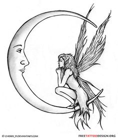 a drawing of a fairy sitting on the moon