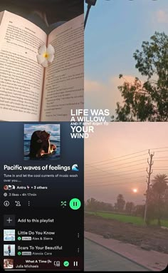 an open book sitting on top of a table next to a tree and power lines