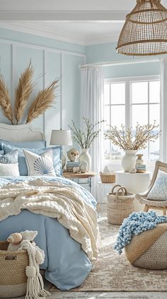 Light Blue Boho Bedroom Teen Coastal Bedroom, Ocean Themed Bedroom Aesthetic, Blue Boho Room, Light Blue Room Aesthetic, Light Blue Boho Bedroom, River Bedroom, Coastal Renovation, Blue Boho Bedroom Ideas, Beach Bedroom Ideas