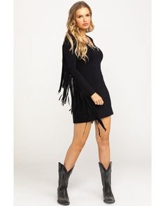 Idyllwind® Women's I Feel Like Dancing Dress | Boot Barn Navy Dress With Boots, Black Fringe Dress Western, Western Style Knee-high Boots For Country Events, Western Knee-high Boots For Rodeo, Casual V-neck Fringe Dresses, Casual V-neck Dress With Fringe, Outfit Office, Dress Boot, Dancing Dress