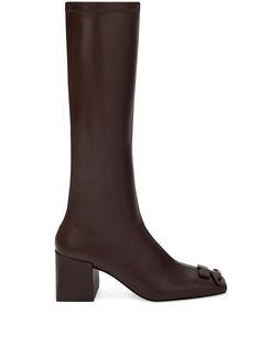 cedar brown calf leather embossed logo to the front slip-on style branded insole mid block heel Brown Calf Leather Knee-high Boots With Square Toe, Brown Square Toe Calf Leather Knee-high Boots, Luxury Square Toe Calf Leather Heeled Boots, Brown Block Heel Boots For Formal Occasions, Brown Square Toe Knee-high Calf Leather Boots, Formal Brown Knee-high Boots With Reinforced Heel, Formal Brown Block Heel Boots, Formal Brown Knee-high Boots With Almond Toe, Brown Almond Toe Knee-high Boots For Formal Occasions