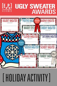 the holiday sweater award is shown in red, white and blue with snowflakes on it