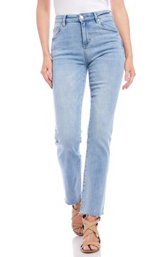 Frayed raw hems, fading and whiskering give these stretch-kissed jeans a well-loved vibe that will make them an instant favorite. 30" inseam; 15 3/4" leg opening; 11 3/8" front rise; 15" back rise (size 8) 93% cotton, 5% polyester, 2% spandex Machine wash, tumble dry Imported Medium Wash Straight Cropped Jeans With Frayed Hem, Straight Cropped Jeans With Frayed Hem In Medium Wash, Denim Blue Straight Flare Jeans With Frayed Hem, Washed Blue Straight Leg Jeans With Frayed Hem, Washed Blue Straight Leg Cropped Jeans With Frayed Hem, Medium Wash Straight Leg Jeans With Frayed Hem, Straight Leg Medium Wash Jeans With Frayed Hem, Light Wash Stretch Straight Jeans, Straight Stretch Jeans In Light Wash