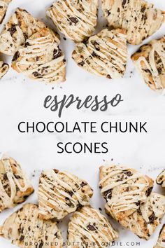 chocolate chunk scones with the words espresso on it in front of them