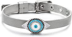 Features: Women Evil Eye Bracelet, Grid Mesh Bangle, Buckle Clasp Metal: Alloy; Material: Enamel Stone: Cubic Zirconia Finishing: Polished Dimension: Length Adjustable from 15-19.5CM(5.91-7.68"); Chain Width: 0.8CM(0.31") ; Weight: 14.6g Package: Jewelry Box with Brand Name COOLSTEELANDBEYOND Item Condition: New Silver Bohemian Evil Eye Bracelet, Adjustable Metal Evil Eye Bracelet, Eye Bracelet, Evil Eye Bracelet, Evil Eye, Jewelry Box, Cubic Zirconia, Bangles, Buckle