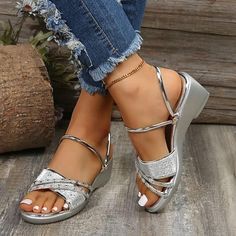 Category:Sandals; Upper Materials:Faux Leather; Season:Summer; Heel Type:Wedge Heel; Gender:Women's; Style:Casual,Elegant; Heel Height(inch):3-4; Outsole Materials:Rubber; Occasion:Beach,Outdoor; Closure Type:Loafer; Listing Date:05/10/2023; Production mode:External procurement; 2024 Trends:Wedge Sandals,Plus Size; Foot Length:; Foot Width:; SizeChart1_ID:2:183885; Size chart date source:Provided by Supplier. Beach Wedges, Shoe Hacks, Sandals Wedge, Shoes Hack, Summer Wedges, Elegant Casual, 2024 Trends, Heel Type, Beach Summer