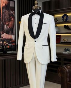 This men's white tuxedo suit is a must-have for any modern gentleman's formal wear collection. When you want to make a stylish entrance at your next event, this stunning slim-fit black blazer will help you do just that. Crafted from high-quality materials, this single-breasted tuxedo jacket is fully lined and features two exterior pockets. Perfect for formal occasions, this tuxedo ensures you look sharp and confident, offering great versatility and a flattering fit for your body. Remarks : Dry Clean Only Silk Satin Shawl collar Material: 65% Polyester, 32% Viscose, 3% Lycra Cutting: Single Button, Double Slits Package included : Jacket & Pants Mens Suit For Wedding, Slim Fit Groom Suit, Tuxedo Prom, Mens Wedding Suits, Suit For Wedding, White Tuxedo, Groomsmen Suits, Bow Tie Wedding, Tuxedo Suit