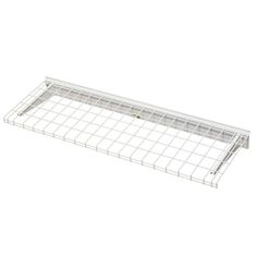 a white shelf with wire shelves on it