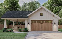 a two car garage with an attached porch