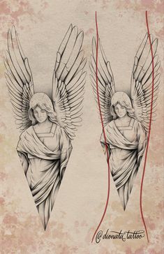 two drawings of angel wings with red lines