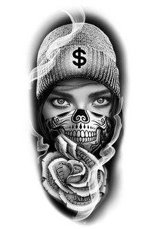 a woman with a skull and rose tattoo on her face is shown in black and white