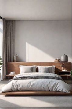 Minimalist zen bedroom with low platform bed Wood Panel Behind Bed, Panel Behind Bed, Minimalist Bedroom Furniture, Low Platform Bed, Bedding Luxury, Peaceful Bedroom, Bedroom Makeovers, Personal Retreat, Zen Bedroom