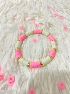 White and pink combination beautiful clay beaded stackable bracelet Cute Clay Bracelets Ideas, Pink And White Clay Bead Bracelet, Clay Beads Rings, Bracelet Patterns Clay Beads, Christmas Clay Bead Bracelets, White Clay Bead Bracelet, Clay Beaded Bracelet, Pink Combination