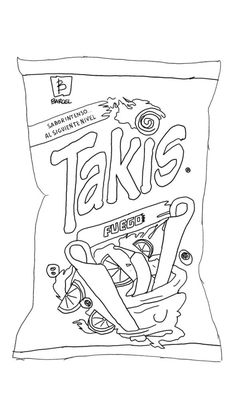 a bag of take's with scissors on the front and back side, in black ink