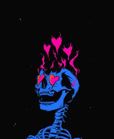 a blue skeleton with pink hearts on its face and eyes, in the dark background