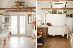 two pictures of a bedroom with wood floors and white walls