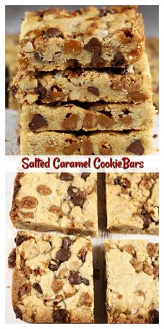 salted caramel cookie bars cut into squares and stacked on top of each other