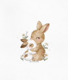 a watercolor painting of a bunny hugging a baby rabbit with daisies on its back