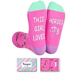 Horse Socks For WomenThese pink equestrian socks are adorned with horseshoes and horses in different poses and colors. The soles of the feet feature funny sayings like "THIS GIRL LOVES HORSES" and handsome horse prints.Size & PackageOne size fits most. Our women's crazy socks are designed to fit shoe sizes 6-12 and sock sizes 8-13. Each exclusive gift box contains 1 pairs of funny socks.Quality MaterialOur novelty horse riding socks are made of 80% combed cotton, 17% polyamide, and 3% spa... Equestrian Socks, Riding Socks, Horse Socks, Silly Socks, Women's Equestrian, Animal Socks, Holiday Socks, Different Poses, Equestrian Gifts