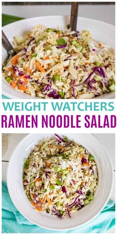 two pictures with different types of food in them and the words, weight watchers ramen noodle salad