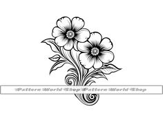 a black and white drawing of flowers with the word pattern world on it's side