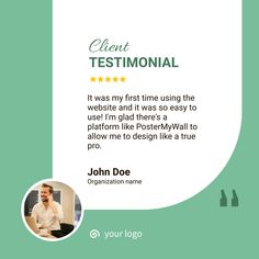 a green and white business card with the text client testimonial on it