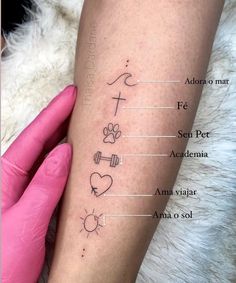 a person with a tattoo on their arm showing the names of different animals and symbols